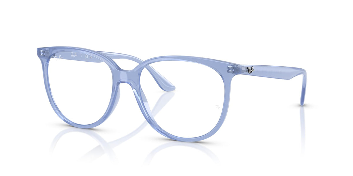 Ray-Ban prescription eyewear frames, light blue translucent full-rim, side profile