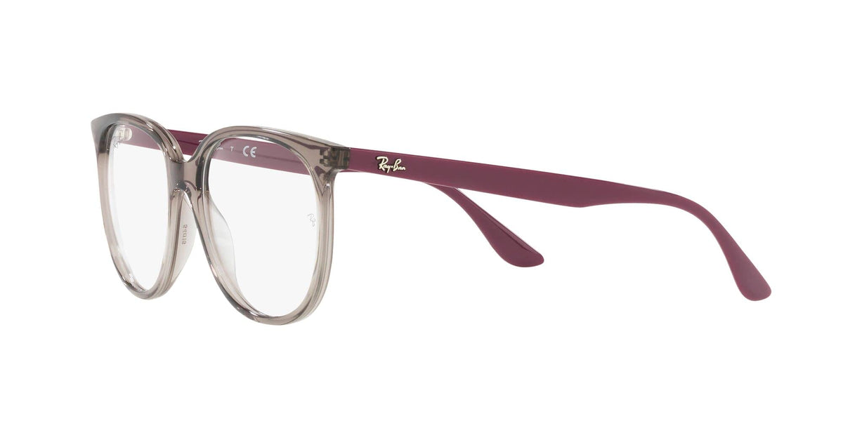 Ray-Ban prescription eyewear frames, burgundy-toned sides with clear oval lenses