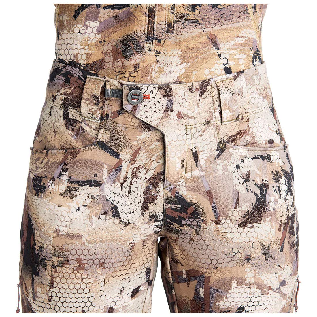 Women’s marsh camo hunting pants with adjustable belt tab and front pocket