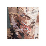Close-up of marsh camo hunting pants fabric with zipper and trim details