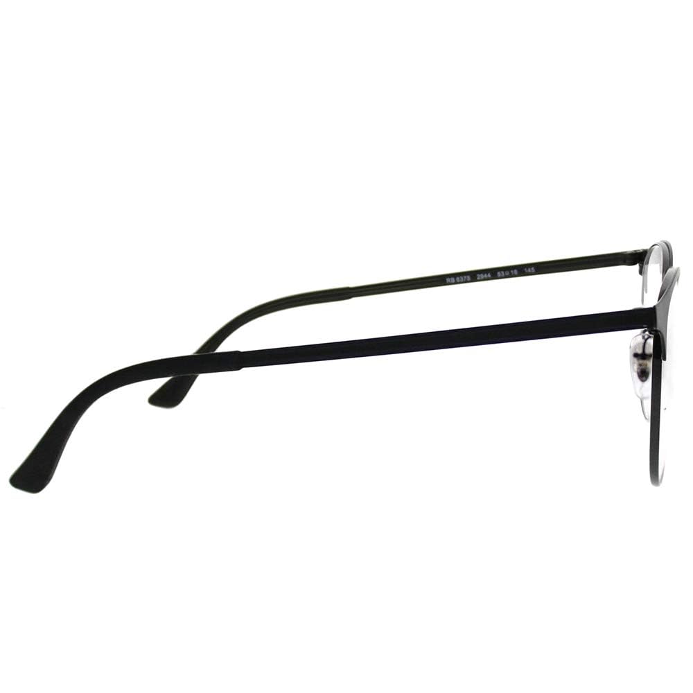 Black rectangular eyeglass frames viewed from side with metal hinge and temple tips
