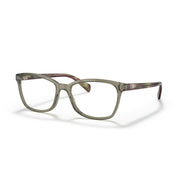Ray-Ban rectangular eyeglass frames with green-tinted translucent finish and brown temples