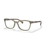 Ray-Ban rectangular eyeglass frames with olive-green translucent front and patterned temples