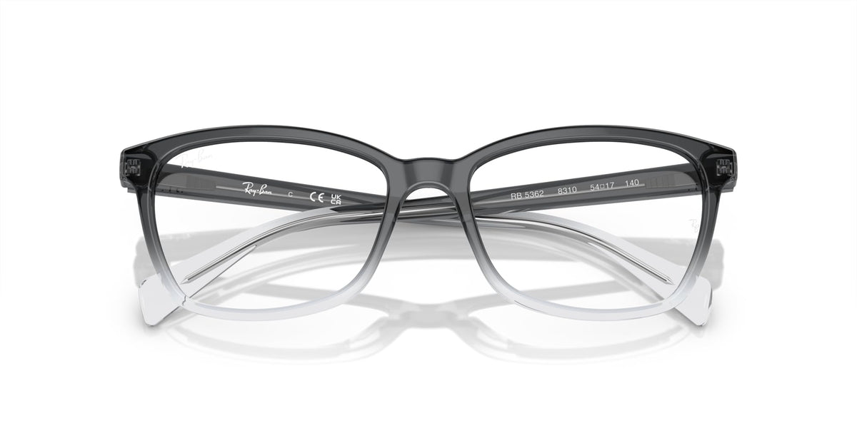 Ray-Ban rectangular eyeglass frames in black with clear reflective lenses