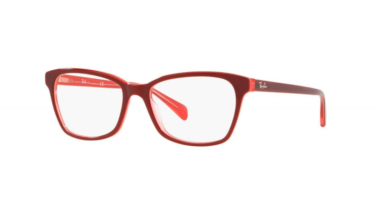 Ray-Ban RX5362 prescription eyewear frames, red full-rim with clear demo lenses