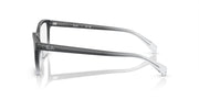 Ray-Ban eyeglass frames side profile in dark gray with clear hinge detail