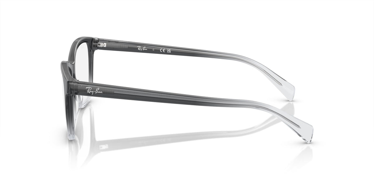 Ray-Ban eyeglass frames side profile in dark gray with clear hinge detail