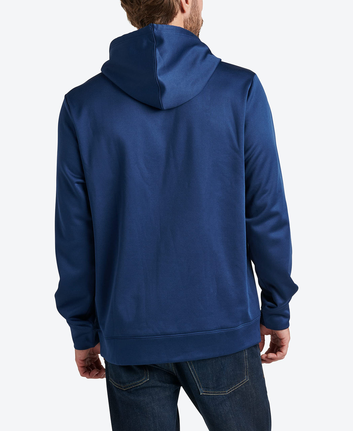 Men's blue tech fleece hoodie back view with hood and kangaroo pocket