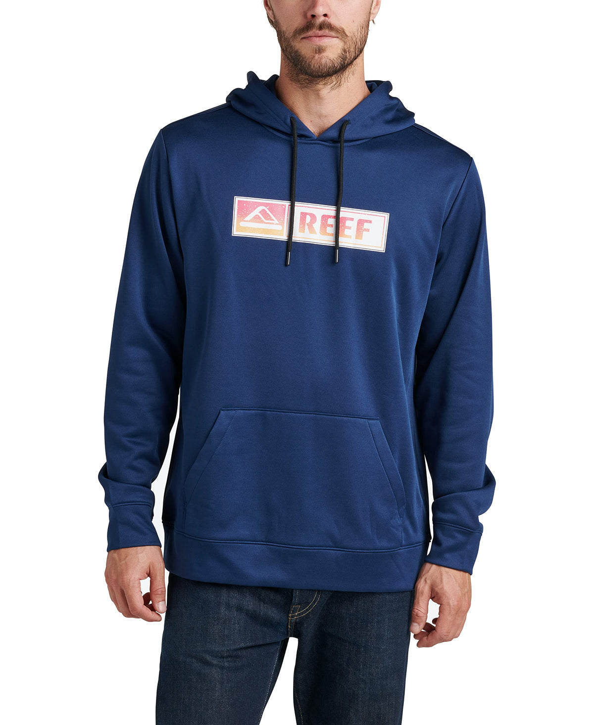 Men's blue tech fleece hoodie with REEF logo chest and front pocket