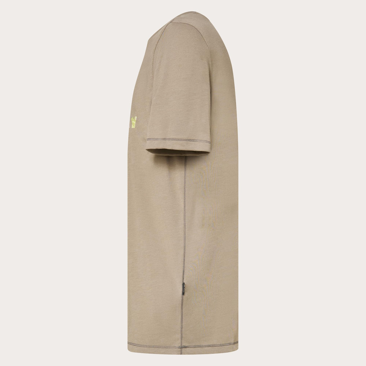 Beige crew-neck T-shirt, side profile with short sleeves and plain body.