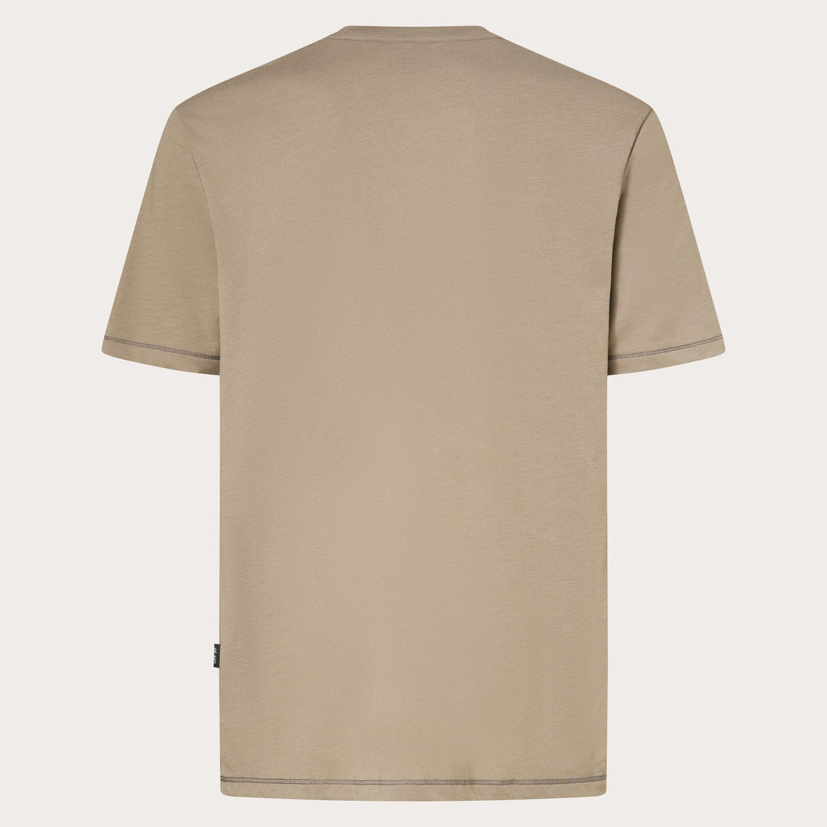 Beige crew-neck T-shirt, back view with plain design and stitched hem.