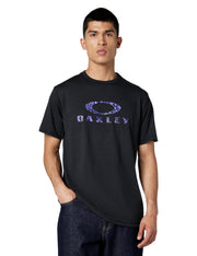 Black crew-neck T-shirt with purple Oakley circular logo and “OAKLEY” lettering.