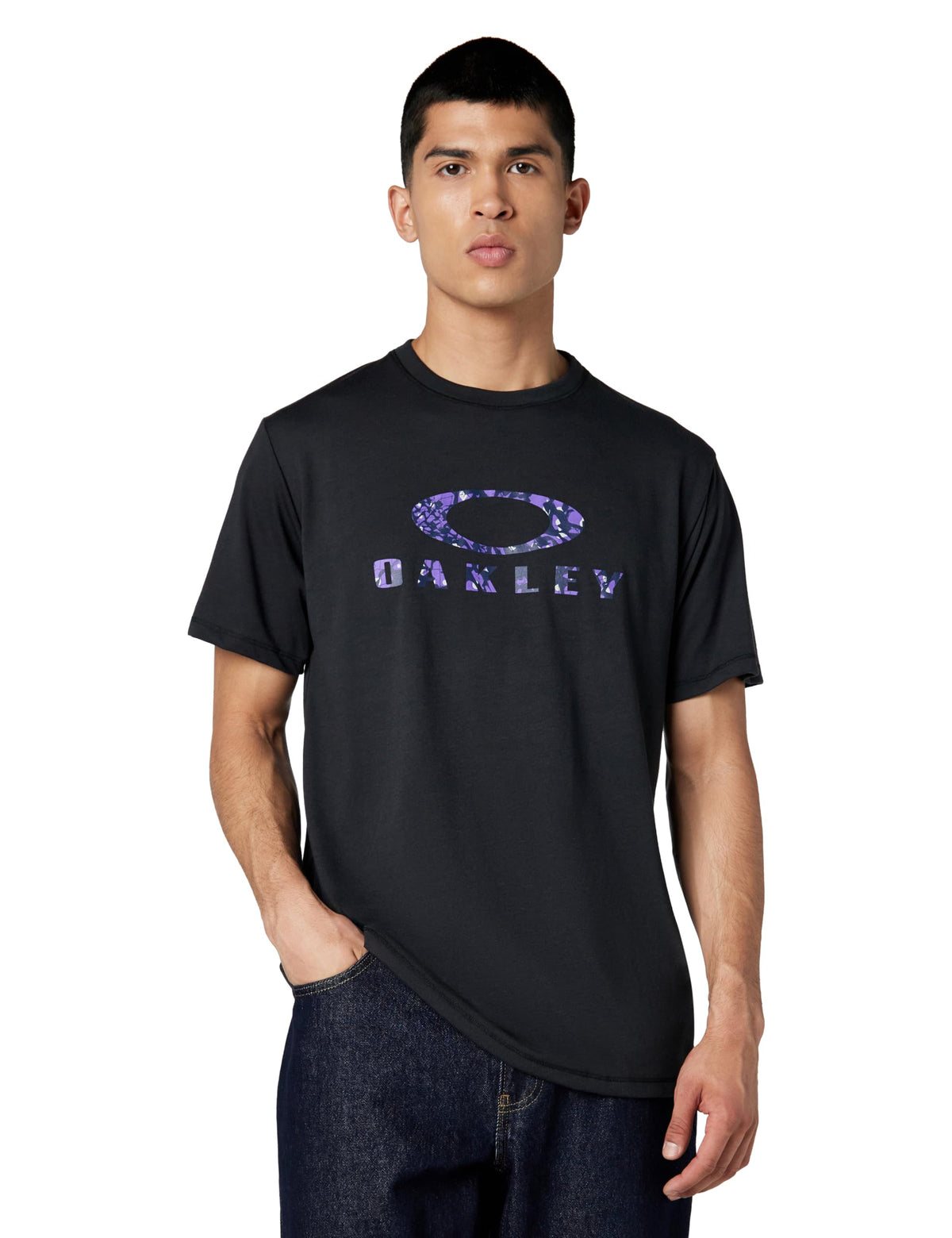 Black crew-neck T-shirt with purple Oakley circular logo and “OAKLEY” lettering.