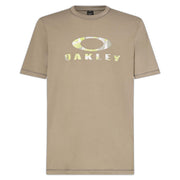 Beige crew-neck T-shirt with Oakley circular logo and “OAKLEY” text on front.