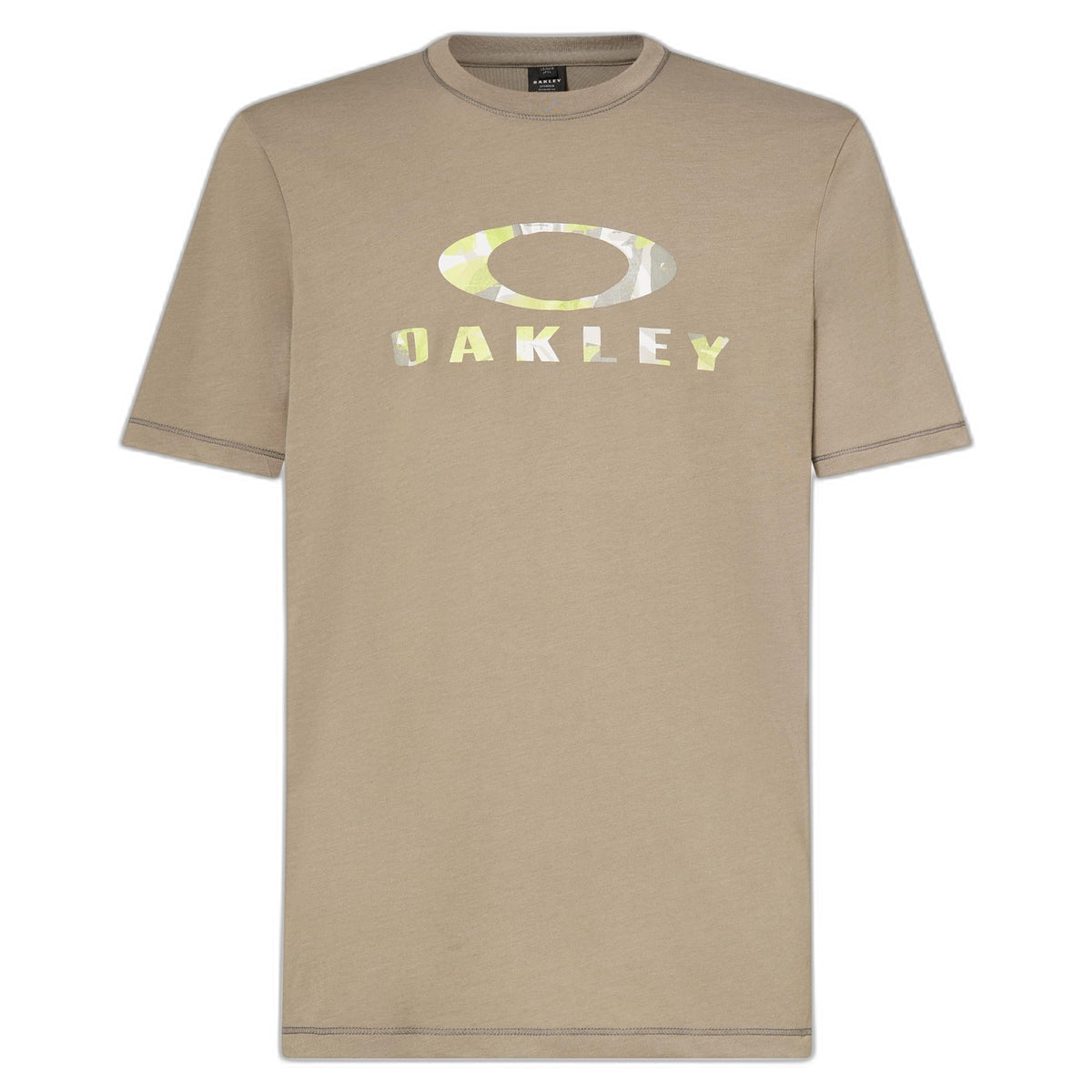 Beige crew-neck T-shirt with Oakley circular logo and “OAKLEY” text on front.