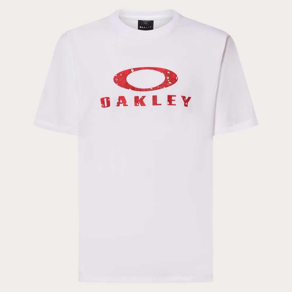 Men's white crew-neck sun tee with red Oakley oval logo
