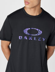 Black crew-neck T-shirt with large purple OAKLEY logo print across chest.