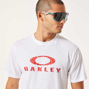Men's white Oakley oval logo sun tee with red lettering, crew neck