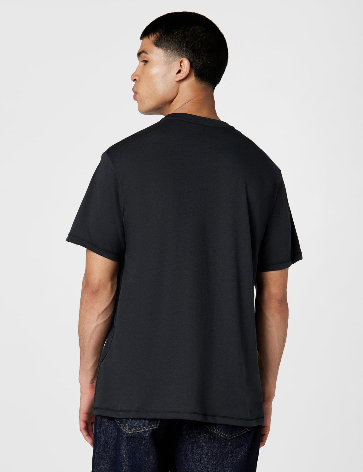 Black crew-neck T-shirt, back view with no graphic and short sleeves.