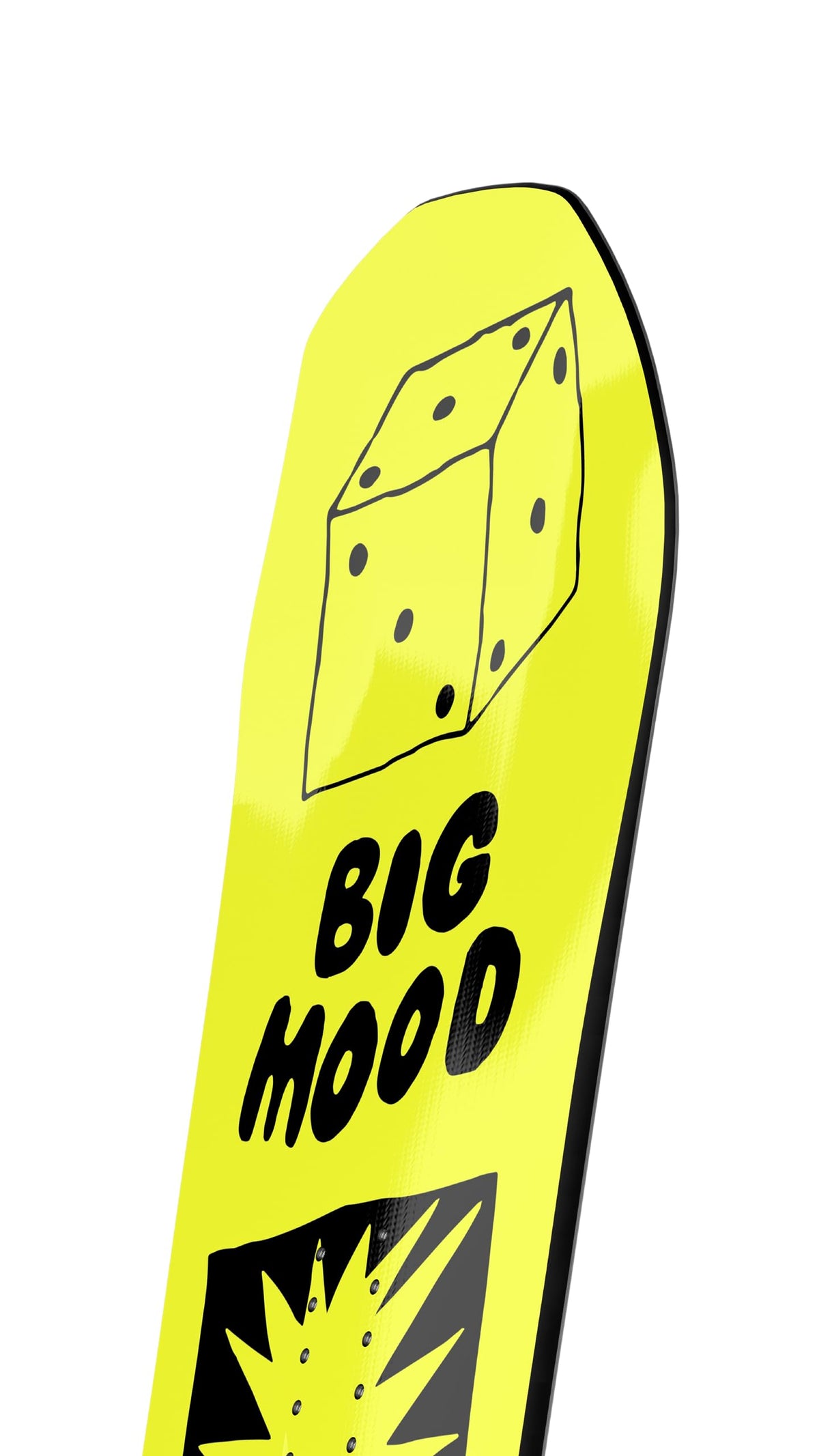 Yellow snowboard nose with “Big Mood” text and dice-like square logo