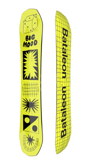 Yellow snowboard deck pair side views with Bataleon text and “Big Mood” graphics