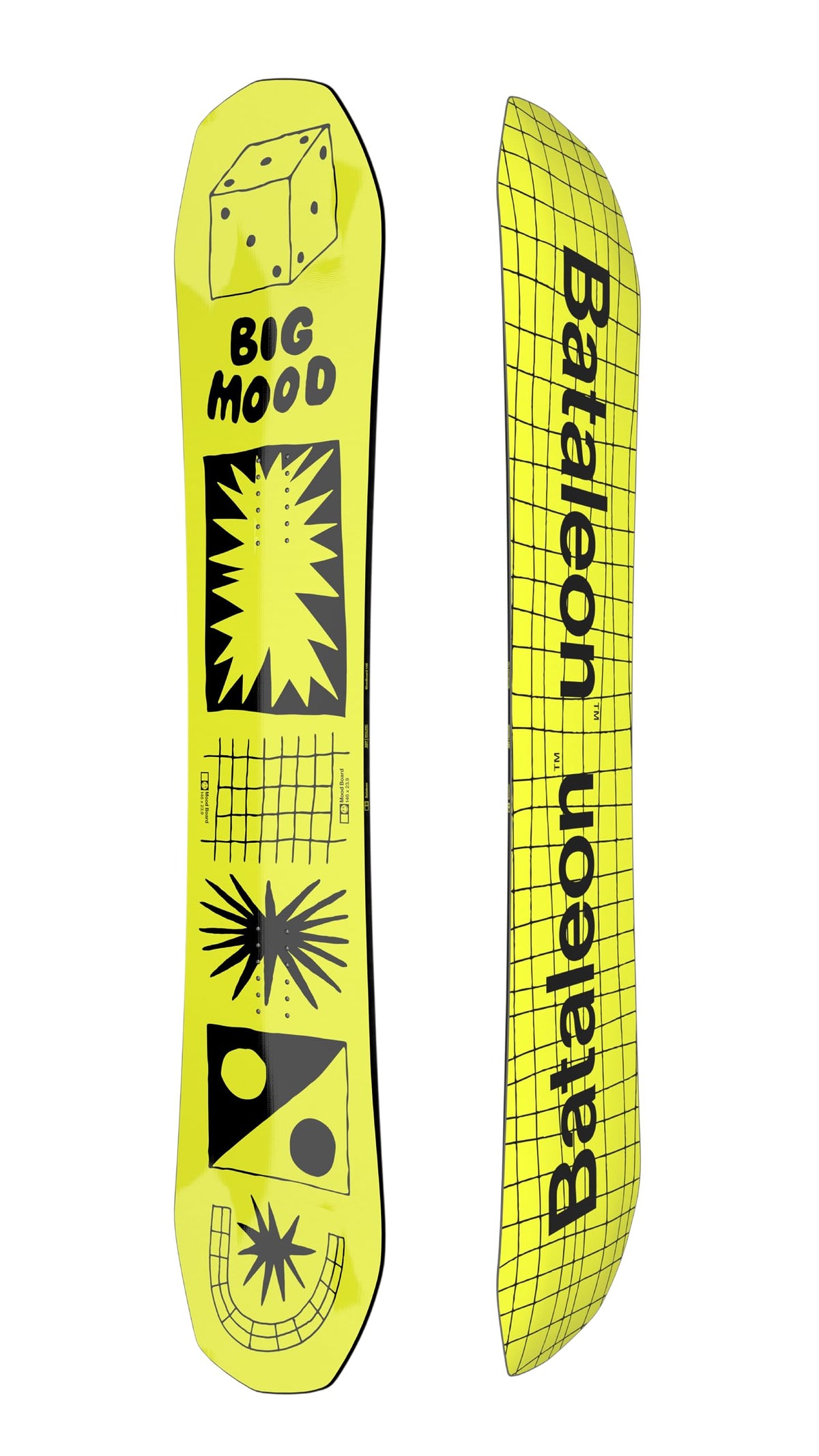 Yellow snowboard deck pair side views with Bataleon text and “Big Mood” graphics