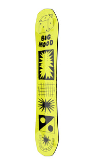Yellow snowboard deck with “Big Mood” logo, grid lines, and starburst art