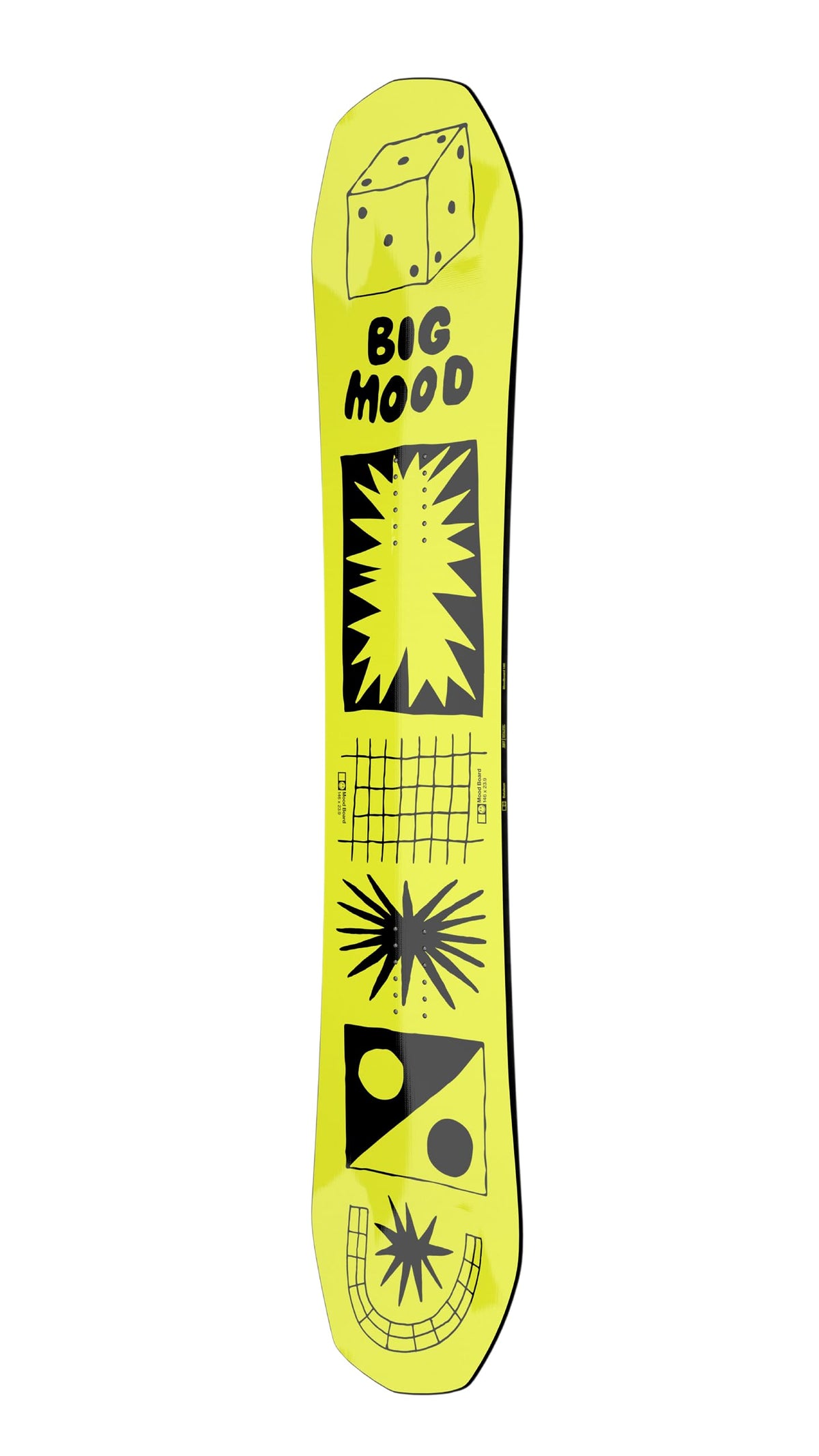 Yellow snowboard deck with “Big Mood” logo, grid lines, and starburst art