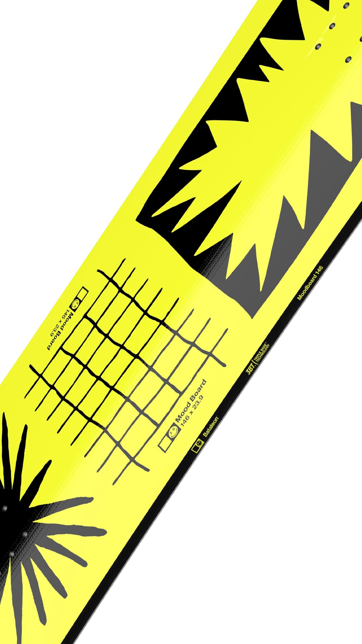 Yellow snowboard side panel with black starburst graphic and grid detail