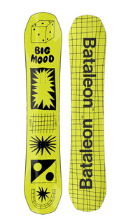 Yellow snowboard deck pair with “Big Mood” and geometric graphic print