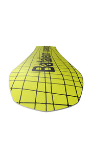 Yellow snowboard deck underside with grid pattern and Bataleon text