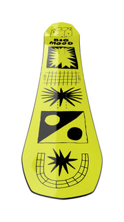 Yellow snowboard nose with bold “Big Mood” graphic, icons, and grid lines