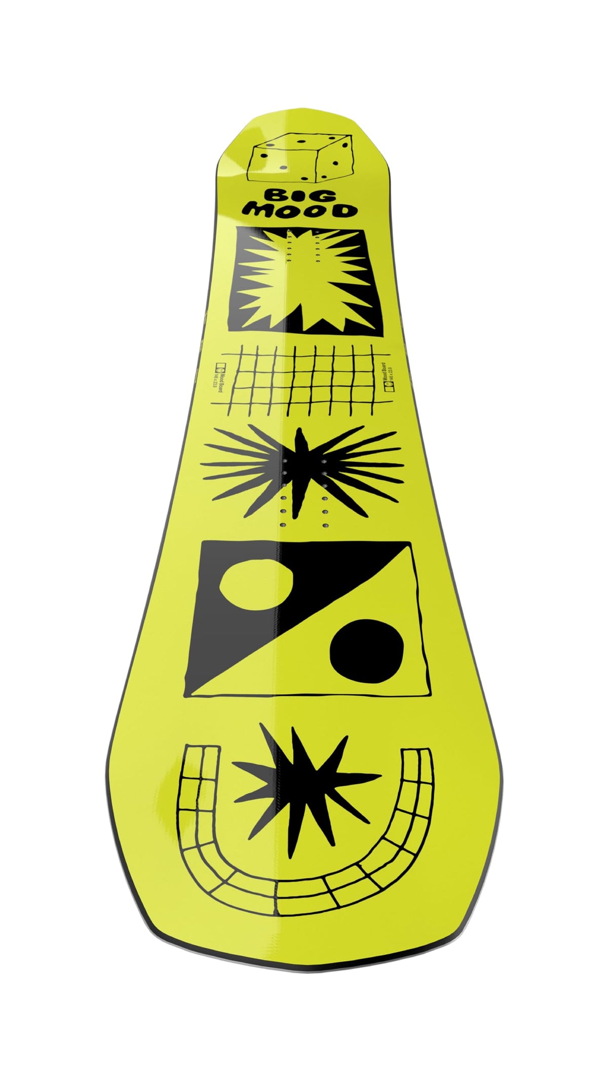 Yellow snowboard nose with bold “Big Mood” graphic, icons, and grid lines