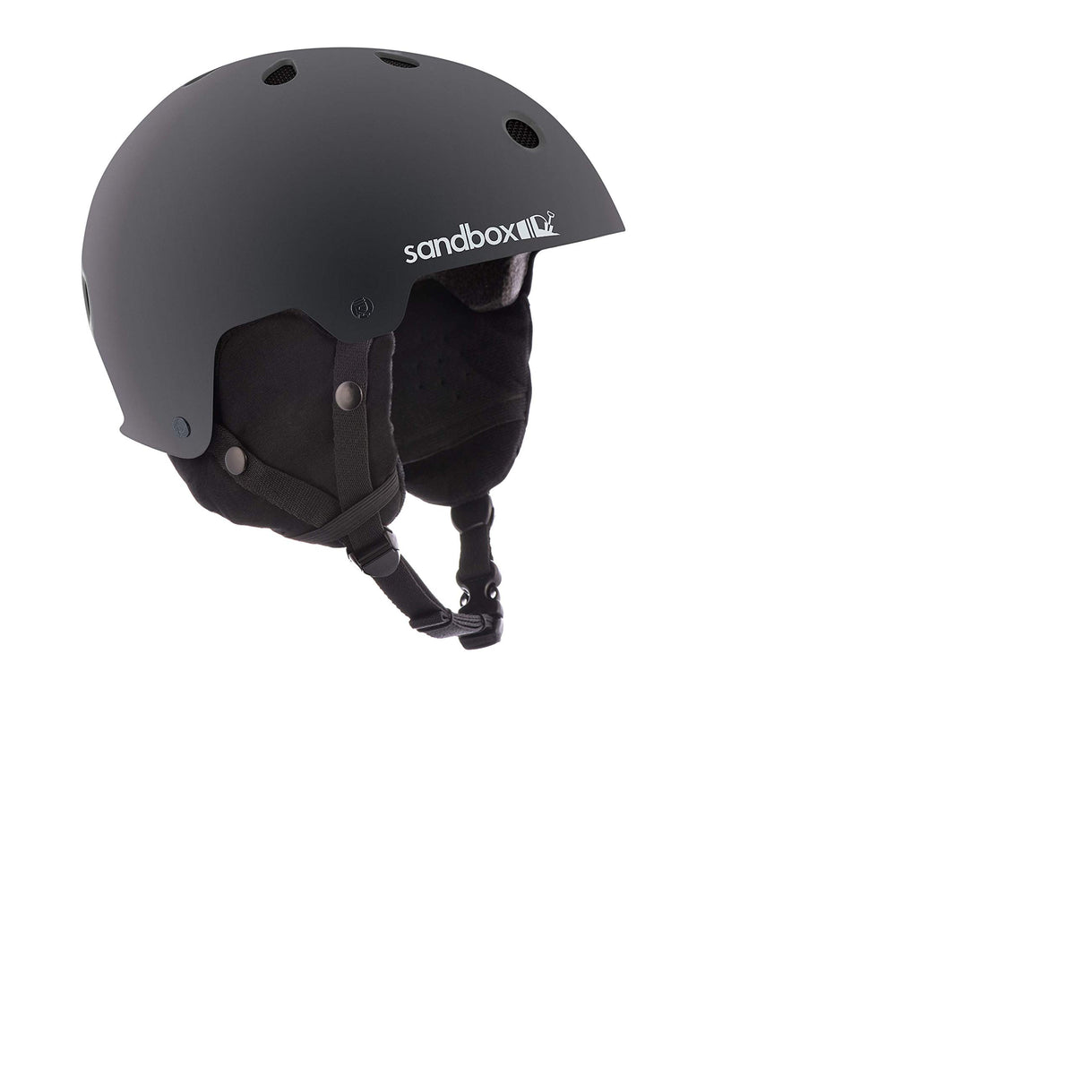Matte black snow helmet with chin strap and padded interior, vent holes on top