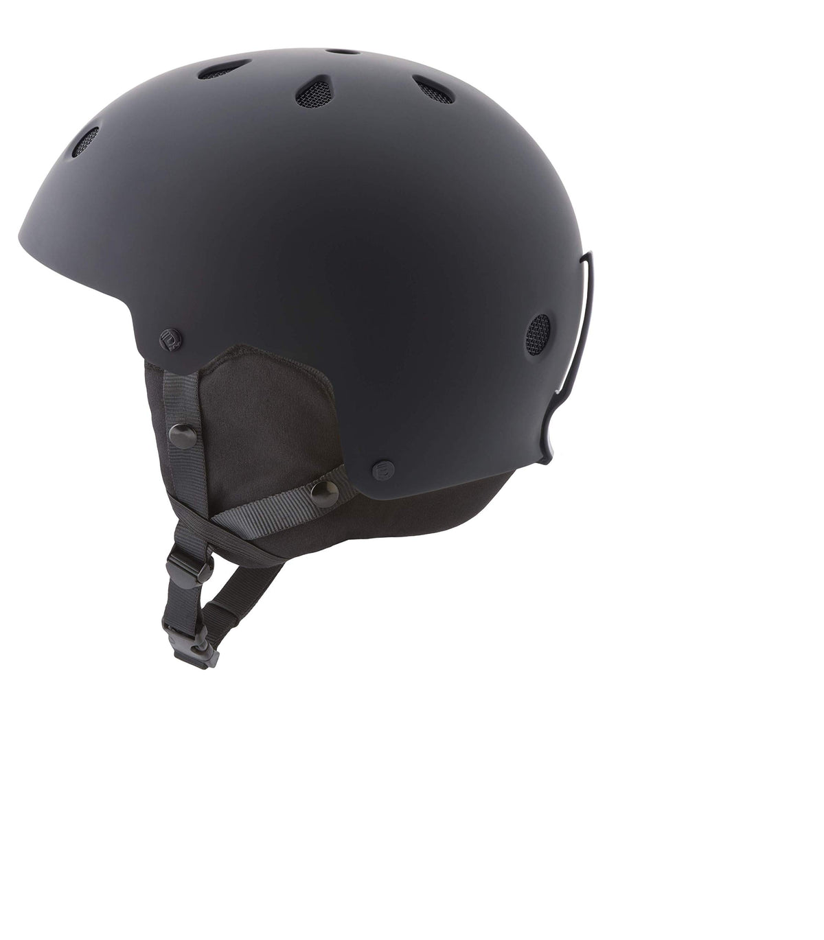 Matte black snow helmet side view with vent holes, chin strap and ear padding