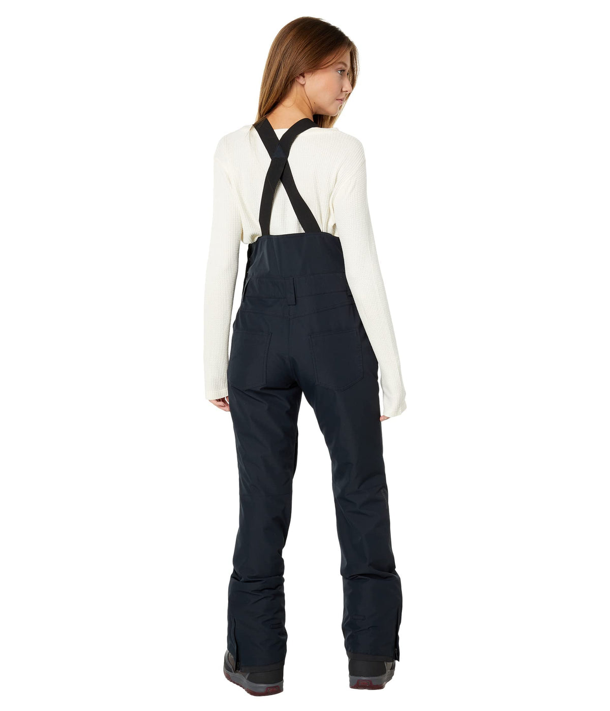 Black bib snow pants back view with adjustable straps