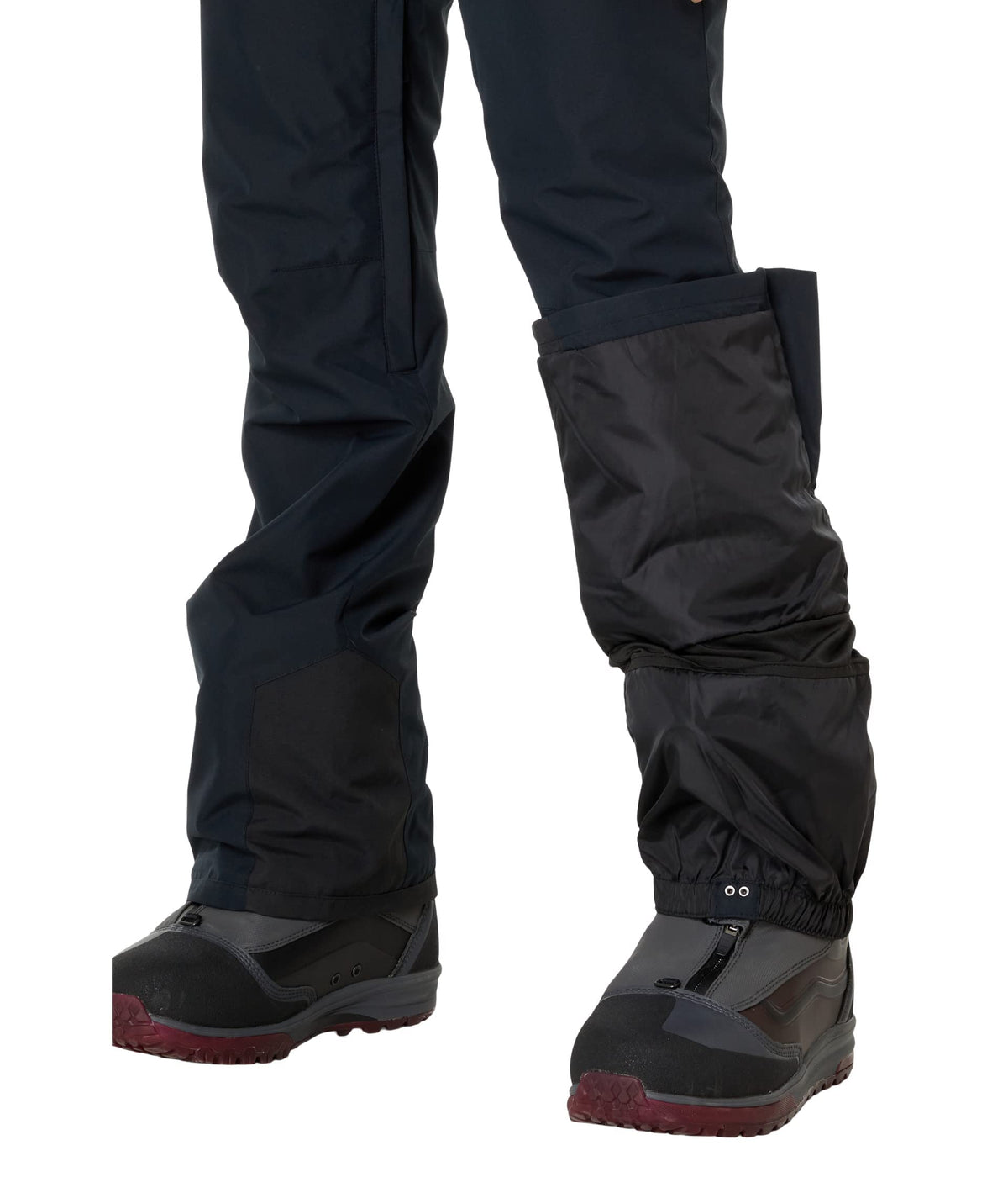 Black bib snow pants ankle cuff with snap strap and boot