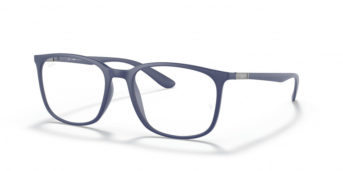 Blue prescription eyewear frames with full-rim rectangular lenses
