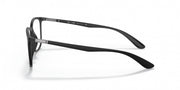 Black prescription eyewear frames, side profile with slim metal hinges