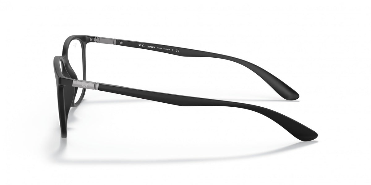 Black prescription eyewear frames, side profile with slim metal hinges