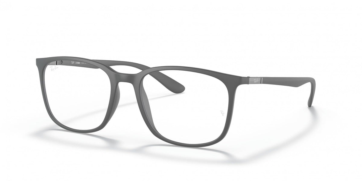Grey prescription eyewear frames with full-rim rectangular lenses