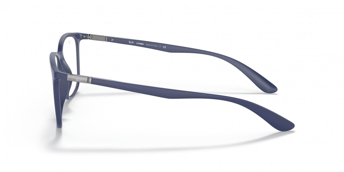 Blue prescription eyewear frames, side profile with metal hinges