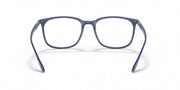Blue prescription eyewear frames with full-rim rectangular lenses and clear fronts