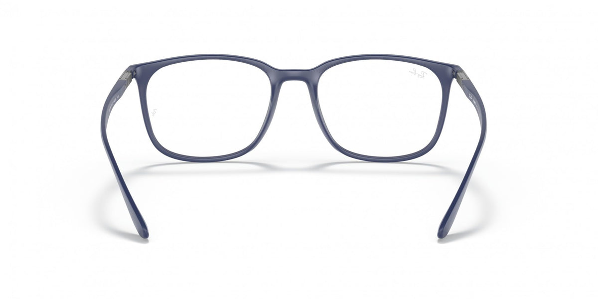 Blue prescription eyewear frames with full-rim rectangular lenses and clear fronts
