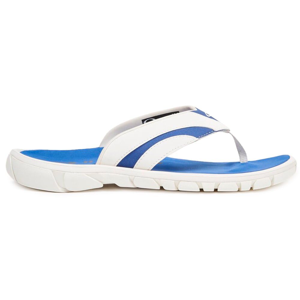 White and blue slide sandal with strap and thick cushioned sole