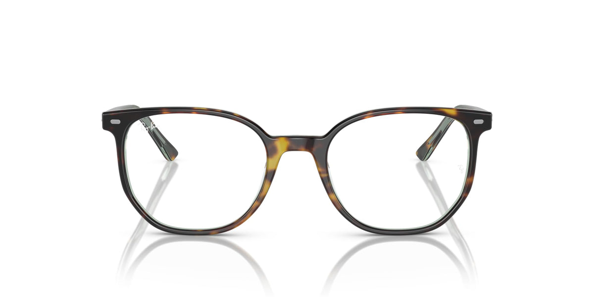 Prescription eyeglass frames, dark tortoise-style full-rim with clear demo lenses, front view