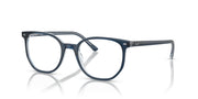 Prescription eyeglass frames, deep blue full-rim with clear demo lenses, angled front view