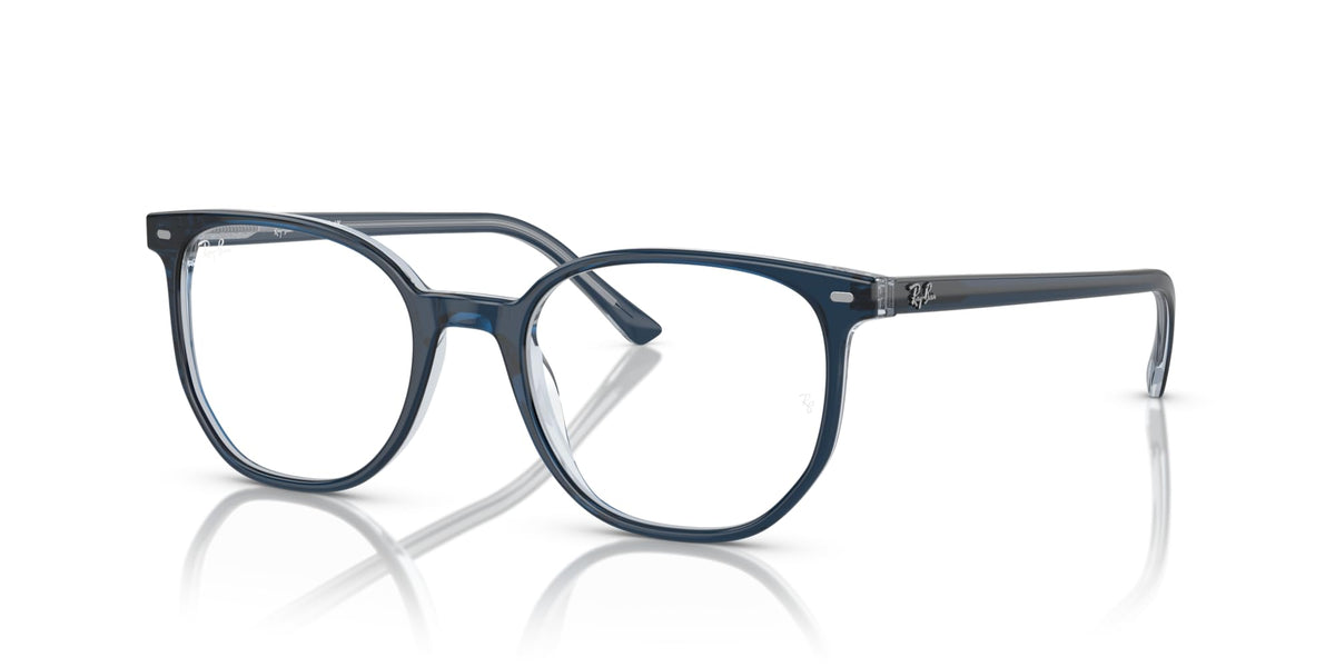 Prescription eyeglass frames, deep blue full-rim with clear demo lenses, angled front view