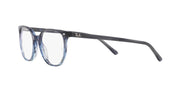 Prescription eyewear frames in dark blue with square lenses and slim angled temples