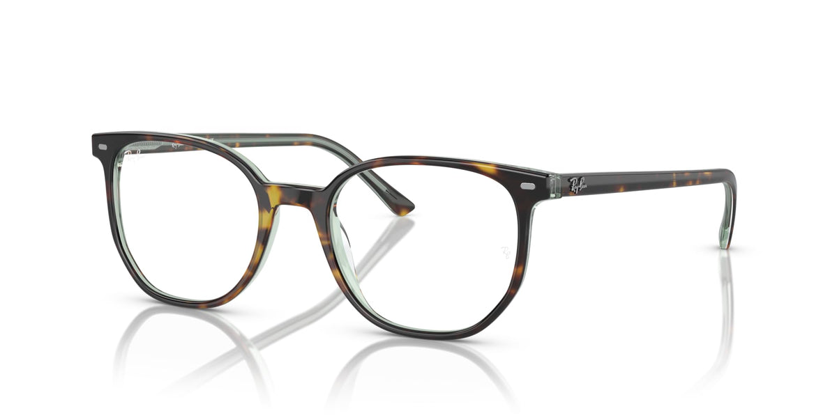 Prescription eyeglass frames, dark tortoise full-rim with clear demo lenses, angled front view